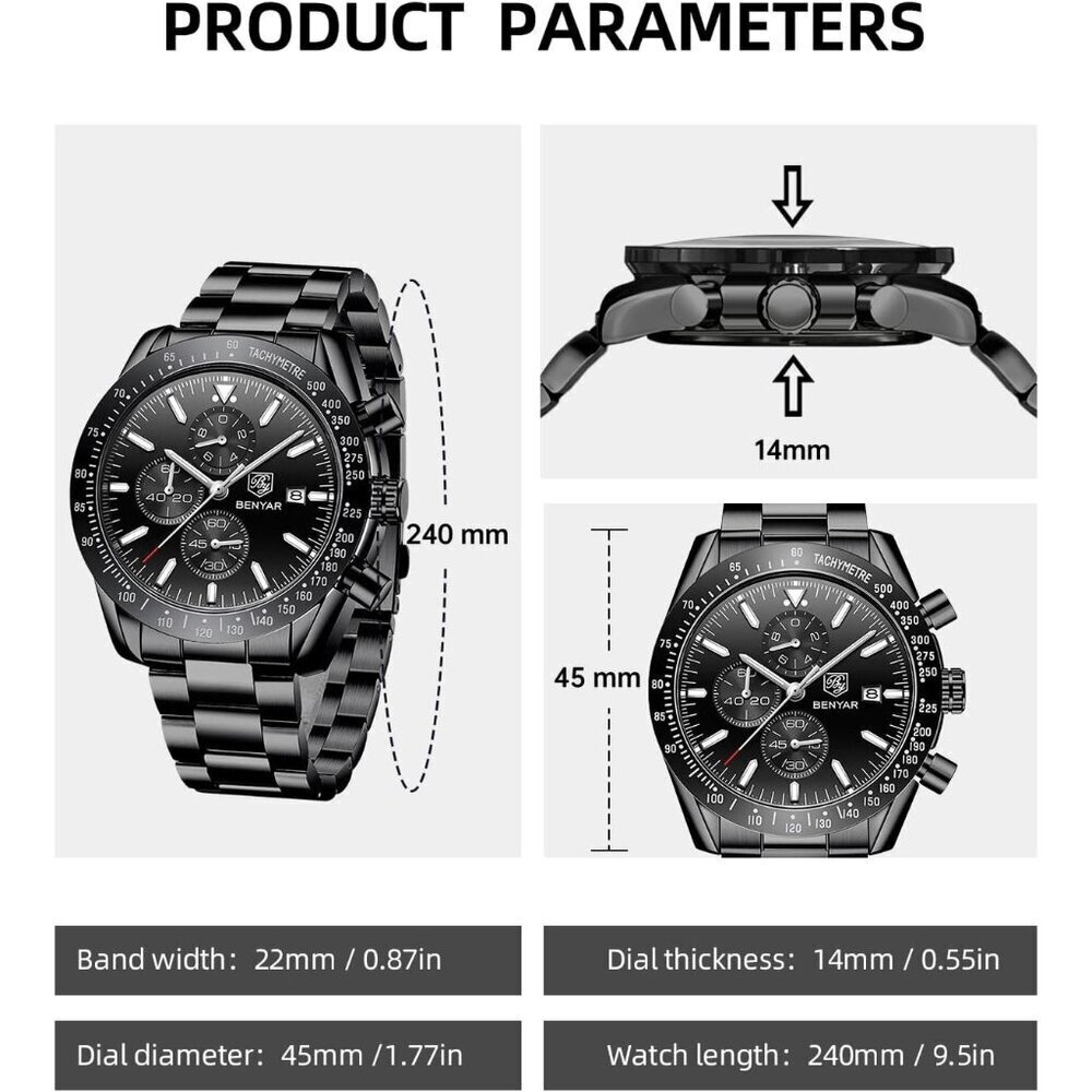⚡Watches for Men Analog Quartz Chronograph 30M Waterproof Luminous Big Face - Picture 6 of 9